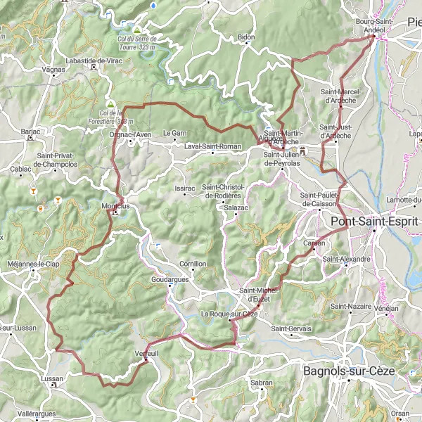 Miniature de la carte de l'inspiration cycliste "A la découverte des gorges de l'Ardèche en VTT" dans la Rhône-Alpes, France. Générée par le planificateur d'itinéraire cycliste Tarmacs.app