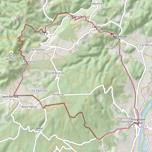 Miniature de la carte de l'inspiration cycliste "Bourg-Saint-Andéol - Vallon de Tourne - Larnas Gravel Ride" dans la Rhône-Alpes, France. Générée par le planificateur d'itinéraire cycliste Tarmacs.app