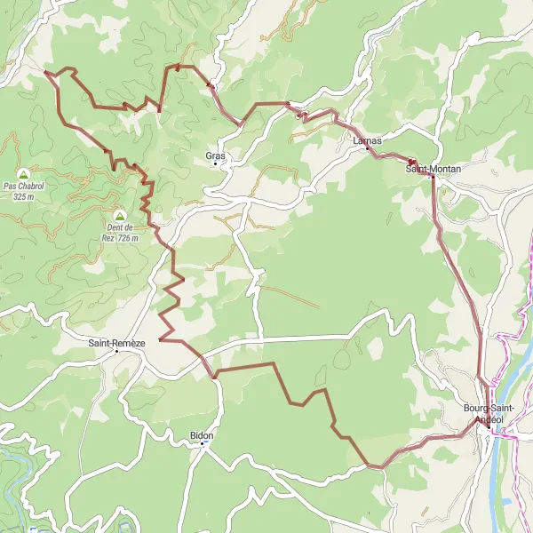 Miniature de la carte de l'inspiration cycliste "Bourg-Saint-Andéol - Larnas - Palais des Évêques Gravel Route" dans la Rhône-Alpes, France. Générée par le planificateur d'itinéraire cycliste Tarmacs.app