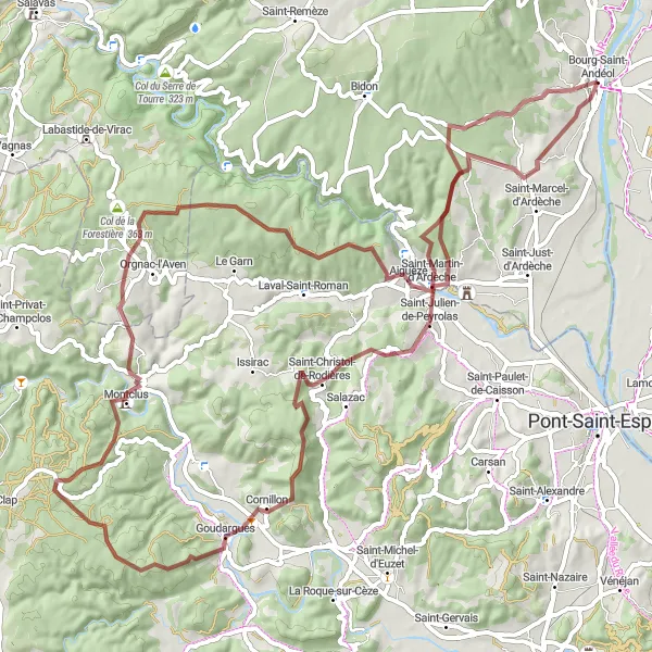 Miniature de la carte de l'inspiration cycliste "Les collines du Rhône en gravel" dans la Rhône-Alpes, France. Générée par le planificateur d'itinéraire cycliste Tarmacs.app