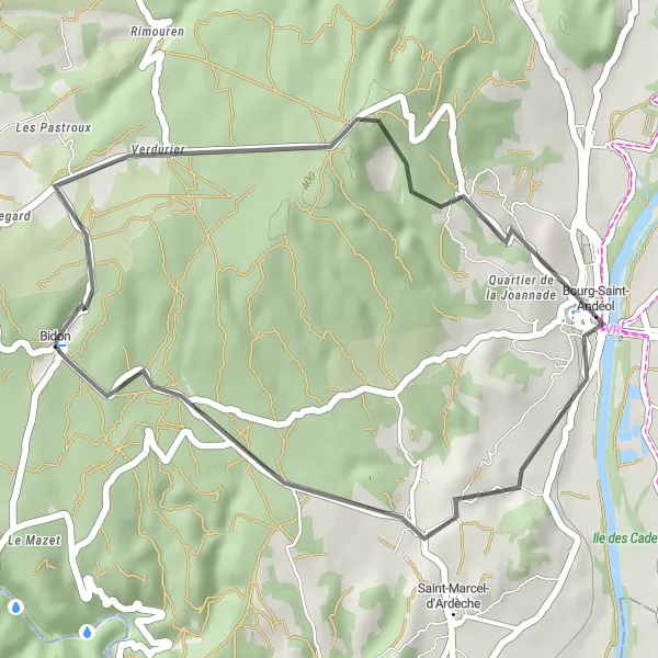 Miniature de la carte de l'inspiration cycliste "Bourg-Saint-Andéol à Vallon de Tourne" dans la Rhône-Alpes, France. Générée par le planificateur d'itinéraire cycliste Tarmacs.app