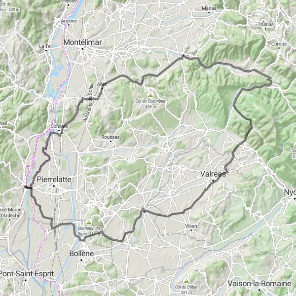Miniature de la carte de l'inspiration cycliste "Exploration de la Drôme provençale en boucle" dans la Rhône-Alpes, France. Générée par le planificateur d'itinéraire cycliste Tarmacs.app
