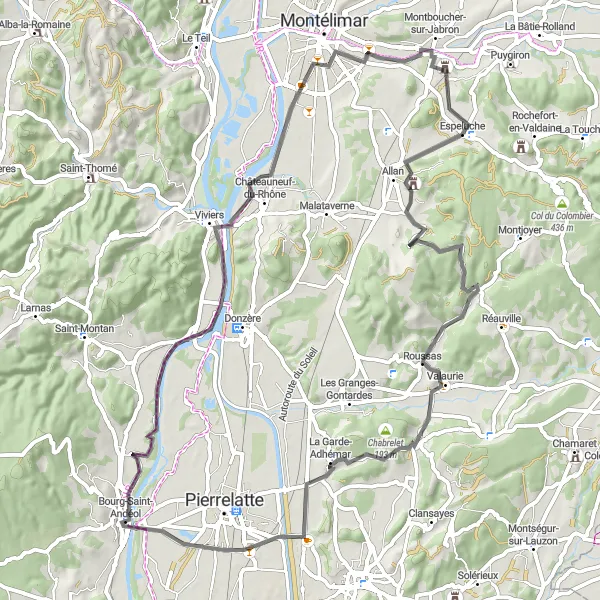 Miniature de la carte de l'inspiration cycliste "Bourg-Saint-Andéol à Vallon de Tourne en passant par Montboucher-sur-Jabron" dans la Rhône-Alpes, France. Générée par le planificateur d'itinéraire cycliste Tarmacs.app