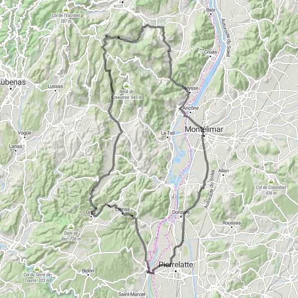 Miniature de la carte de l'inspiration cycliste "Ardèche et Drôme en boucle depuis Bourg-Saint-Andéol" dans la Rhône-Alpes, France. Générée par le planificateur d'itinéraire cycliste Tarmacs.app