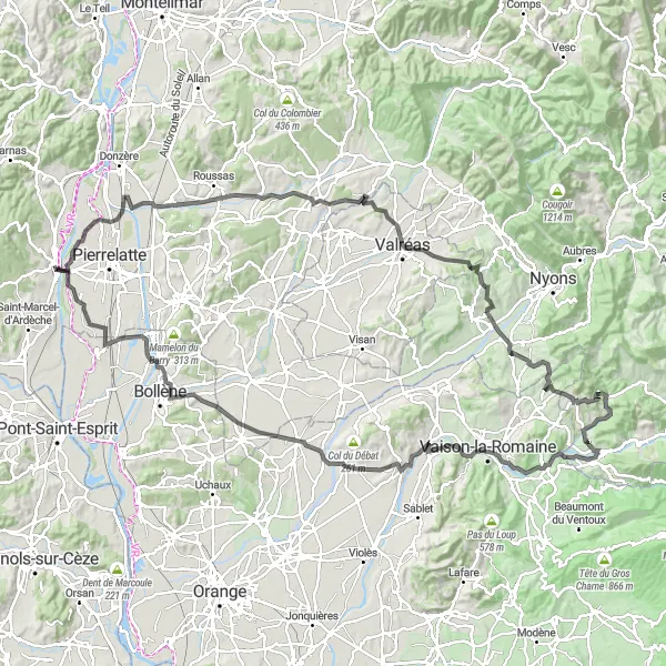 Miniatura della mappa di ispirazione al ciclismo "Giro in bicicletta da Bourg-Saint-Andéol a Vallon de Tourne" nella regione di Rhône-Alpes, France. Generata da Tarmacs.app, pianificatore di rotte ciclistiche