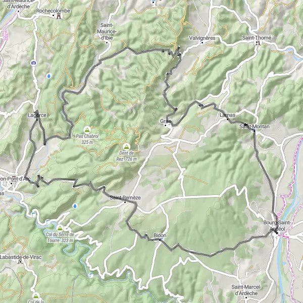 Miniature de la carte de l'inspiration cycliste "Bourg-Saint-Andéol - Tourne - Lagorce Circuit" dans la Rhône-Alpes, France. Générée par le planificateur d'itinéraire cycliste Tarmacs.app