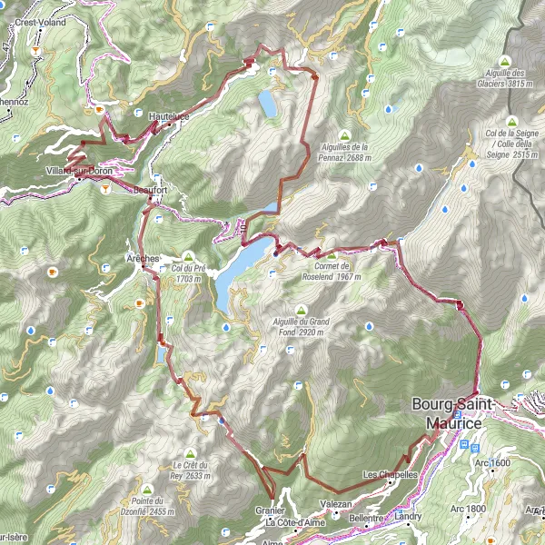 Miniatura della mappa di ispirazione al ciclismo "Giro in bicicletta gravel intorno a Bourg-Saint-Maurice" nella regione di Rhône-Alpes, France. Generata da Tarmacs.app, pianificatore di rotte ciclistiche