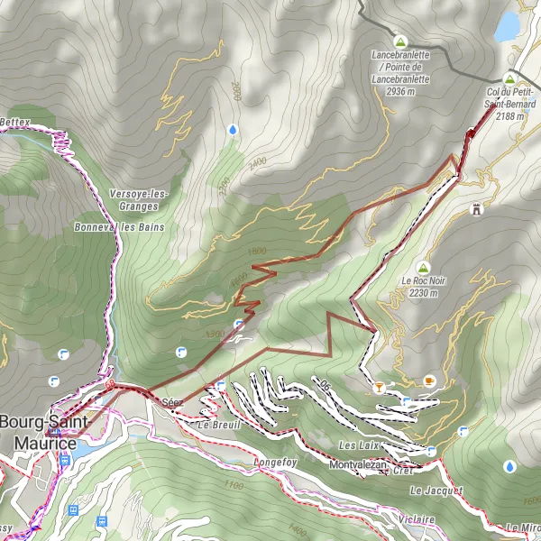 Miniaturní mapa "Trasa Bourg-Saint-Maurice - Col du Petit-Saint-Bernard - Bourg-Saint-Maurice" inspirace pro cyklisty v oblasti Rhône-Alpes, France. Vytvořeno pomocí plánovače tras Tarmacs.app