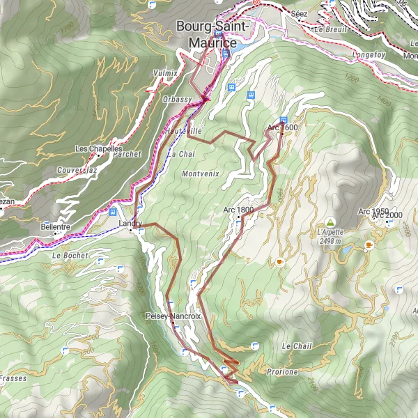 Kartminiatyr av "Grusvägscykelresa från Bourg-Saint-Maurice" cykelinspiration i Rhône-Alpes, France. Genererad av Tarmacs.app cykelruttplanerare