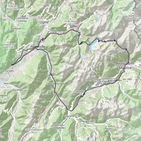 Miniaturní mapa "Horská silnice do Albertville a zpět" inspirace pro cyklisty v oblasti Rhône-Alpes, France. Vytvořeno pomocí plánovače tras Tarmacs.app