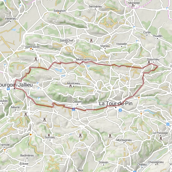 Miniature de la carte de l'inspiration cycliste "Escapade vers Dolomieu" dans la Rhône-Alpes, France. Générée par le planificateur d'itinéraire cycliste Tarmacs.app