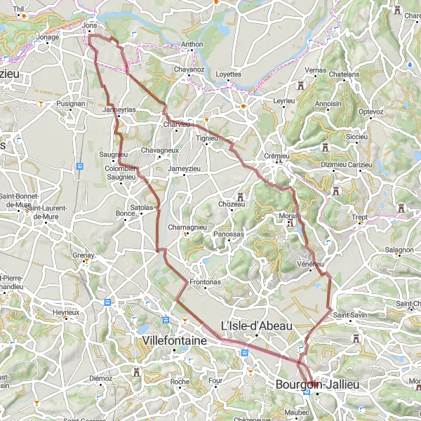 Zemljevid v pomanjšavi "Gravelska avantura od Bourgoin-Jallieu do Vénérieu" kolesarske inspiracije v Rhône-Alpes, France. Generirano z načrtovalcem kolesarskih poti Tarmacs.app