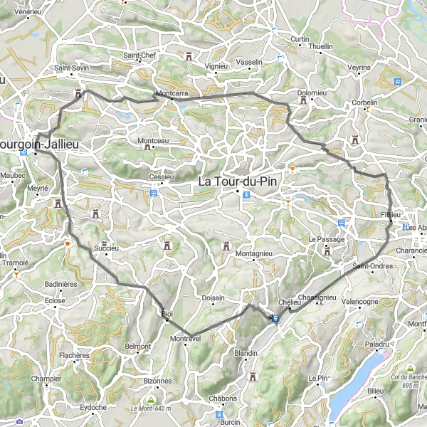 Zemljevid v pomanjšavi "Cestna kolesarska pot v bližini Bourgoin-Jallieu" kolesarske inspiracije v Rhône-Alpes, France. Generirano z načrtovalcem kolesarskih poti Tarmacs.app