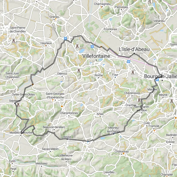 Miniature de la carte de l'inspiration cycliste "La route de Beauvoir-de-Marc et Vaulx-Milieu" dans la Rhône-Alpes, France. Générée par le planificateur d'itinéraire cycliste Tarmacs.app
