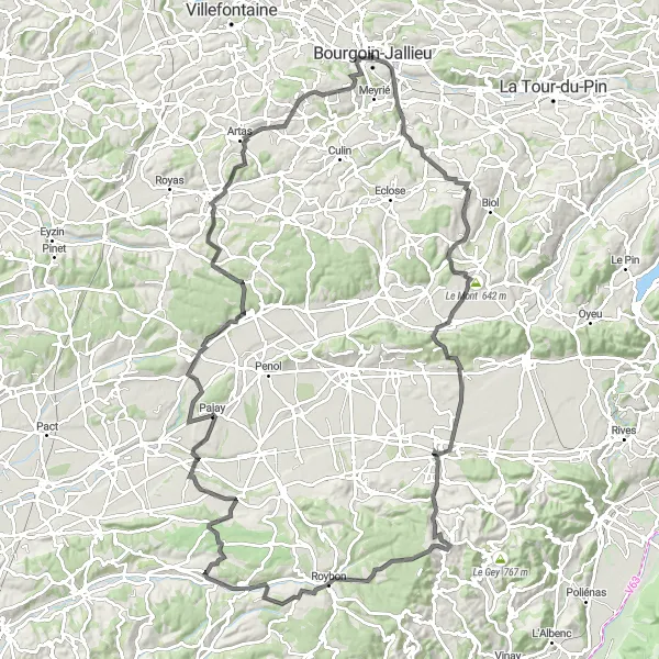 Miniature de la carte de l'inspiration cycliste "Tour des Collines" dans la Rhône-Alpes, France. Générée par le planificateur d'itinéraire cycliste Tarmacs.app