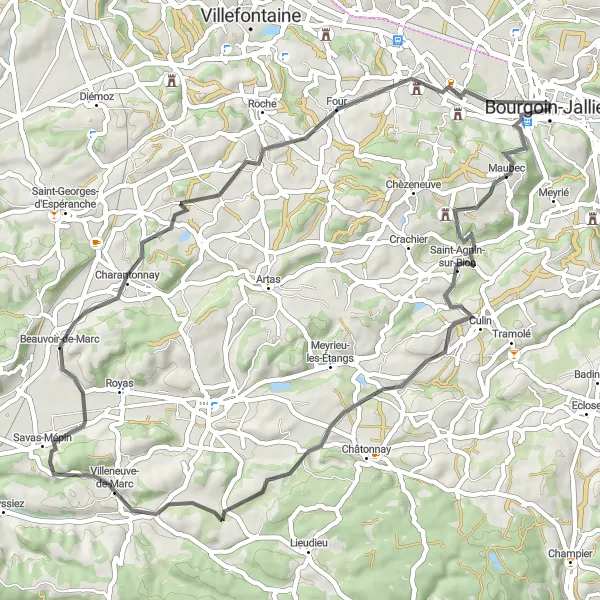 Miniature de la carte de l'inspiration cycliste "Boucle vers Four" dans la Rhône-Alpes, France. Générée par le planificateur d'itinéraire cycliste Tarmacs.app