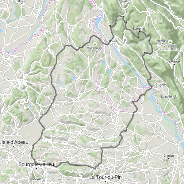 Miniature de la carte de l'inspiration cycliste "Le circuit de Trept et Rochetoirin" dans la Rhône-Alpes, France. Générée par le planificateur d'itinéraire cycliste Tarmacs.app