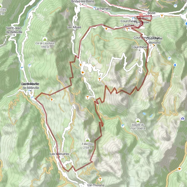 Zemljevid v pomanjšavi "Gravel krožna pot Courchevel - Saint-Bon-Tarentaise" kolesarske inspiracije v Rhône-Alpes, France. Generirano z načrtovalcem kolesarskih poti Tarmacs.app