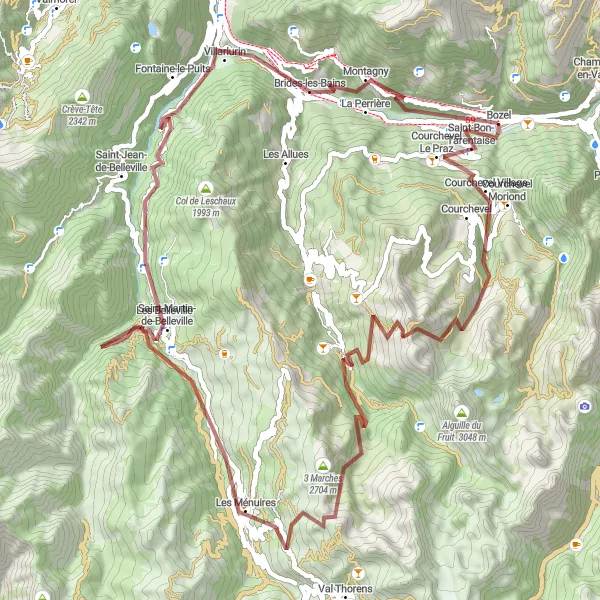 Miniatua del mapa de inspiración ciclista "Recorrido Épico por Courchevel y Les Ménuires" en Rhône-Alpes, France. Generado por Tarmacs.app planificador de rutas ciclistas