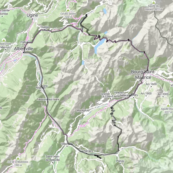 Miniature de la carte de l'inspiration cycliste "Tour Road Épique à travers les Vallées" dans la Rhône-Alpes, France. Générée par le planificateur d'itinéraire cycliste Tarmacs.app