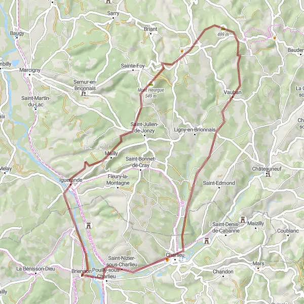 Map miniature of "Briennon Gravel Adventure" cycling inspiration in Rhône-Alpes, France. Generated by Tarmacs.app cycling route planner