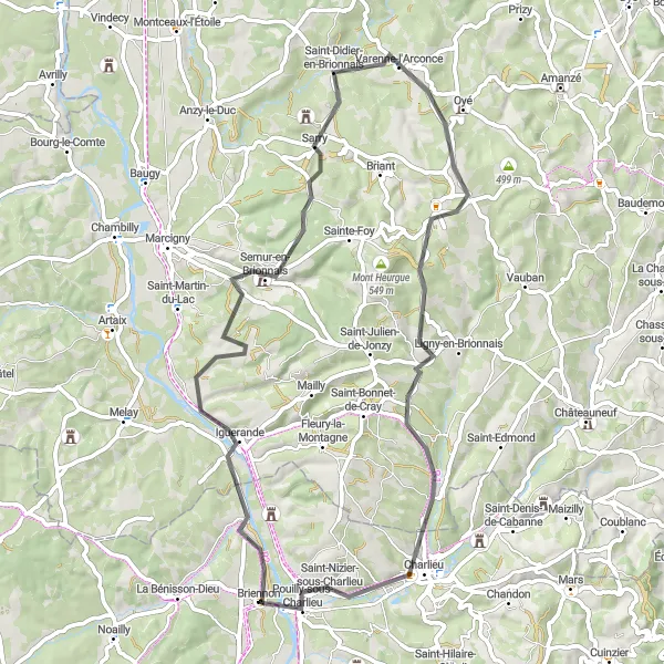 Miniaturní mapa "Road Cycling Route to Semur-en-Brionnais" inspirace pro cyklisty v oblasti Rhône-Alpes, France. Vytvořeno pomocí plánovače tras Tarmacs.app
