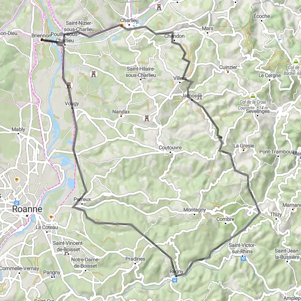 Map miniature of "Charlieu Loop" cycling inspiration in Rhône-Alpes, France. Generated by Tarmacs.app cycling route planner