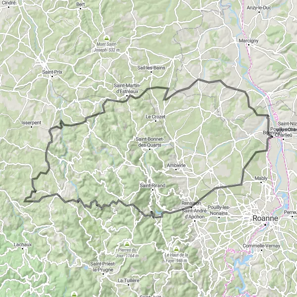 Miniatura della mappa di ispirazione al ciclismo "Giro panoramico di Briennon attraverso le colline" nella regione di Rhône-Alpes, France. Generata da Tarmacs.app, pianificatore di rotte ciclistiche