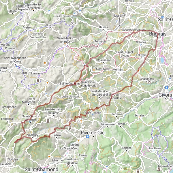 Miniatuurkaart van de fietsinspiratie "Gravelroute naar Crêt du Bouchat" in Rhône-Alpes, France. Gemaakt door de Tarmacs.app fietsrouteplanner