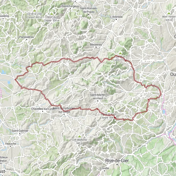 Zemljevid v pomanjšavi "Gravel kolesarska pot: Brignais - Saint-Barthélemy-Lestra" kolesarske inspiracije v Rhône-Alpes, France. Generirano z načrtovalcem kolesarskih poti Tarmacs.app