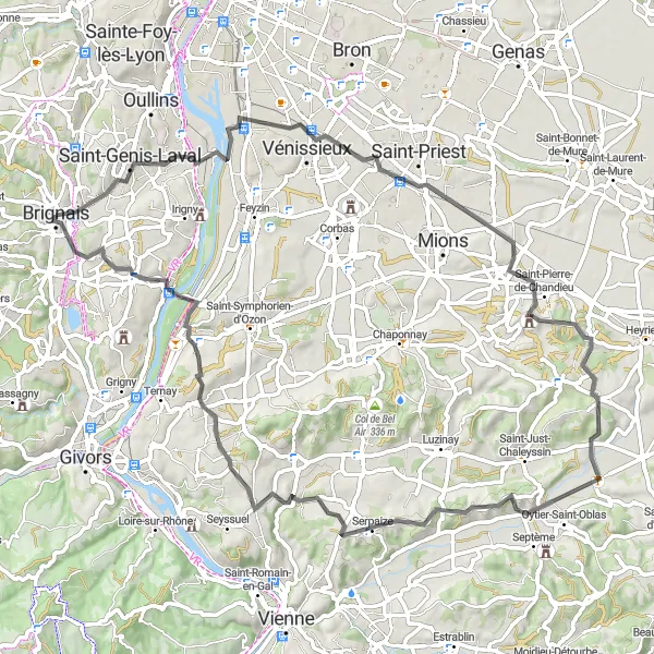 Miniatura mapy "Trasa z Brignais do Vourles" - trasy rowerowej w Rhône-Alpes, France. Wygenerowane przez planer tras rowerowych Tarmacs.app