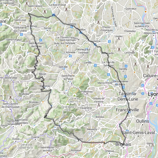 Miniatura della mappa di ispirazione al ciclismo "Scoperta del territorio circostante a Brignais" nella regione di Rhône-Alpes, France. Generata da Tarmacs.app, pianificatore di rotte ciclistiche