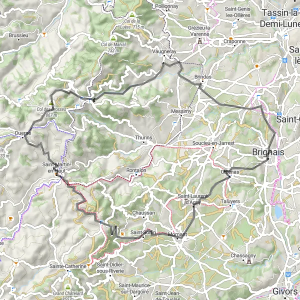 Map miniature of "Road Route: Brignais to Brindas" cycling inspiration in Rhône-Alpes, France. Generated by Tarmacs.app cycling route planner