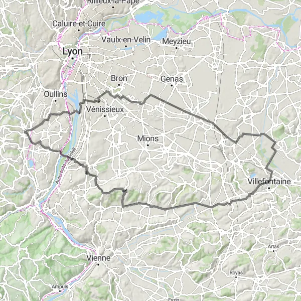 Map miniature of "Brignais to Vourles Road Cycling Route" cycling inspiration in Rhône-Alpes, France. Generated by Tarmacs.app cycling route planner