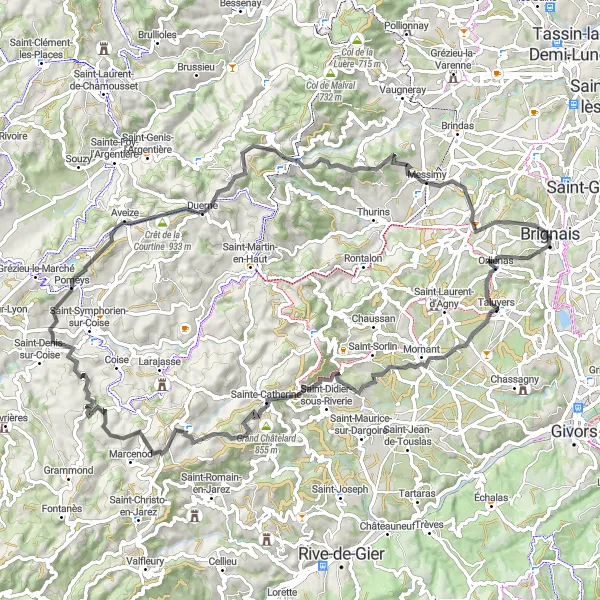 Mapa miniatúra "Cyklistická trasa okolo Orliénas" cyklistická inšpirácia v Rhône-Alpes, France. Vygenerované cyklistickým plánovačom trás Tarmacs.app