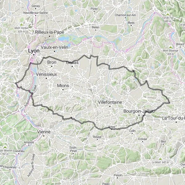 Map miniature of "Road Route: Brignais to Vourles" cycling inspiration in Rhône-Alpes, France. Generated by Tarmacs.app cycling route planner