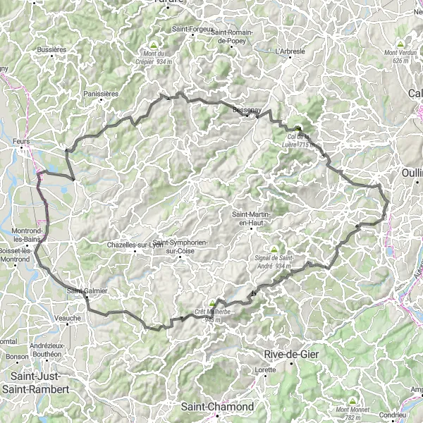 Map miniature of "Road Route: Brignais to Montrottier" cycling inspiration in Rhône-Alpes, France. Generated by Tarmacs.app cycling route planner