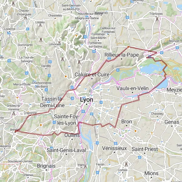 Mapa miniatúra "Gravelová cyklistická trasa Craponne - Oullins" cyklistická inšpirácia v Rhône-Alpes, France. Vygenerované cyklistickým plánovačom trás Tarmacs.app