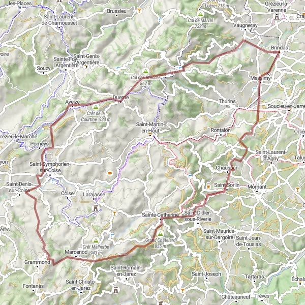 Map miniature of "Gravel Adventure near Brindas" cycling inspiration in Rhône-Alpes, France. Generated by Tarmacs.app cycling route planner