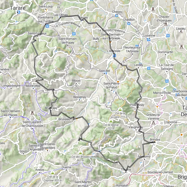 Map miniature of "Brindas to Vaugneray Loop" cycling inspiration in Rhône-Alpes, France. Generated by Tarmacs.app cycling route planner