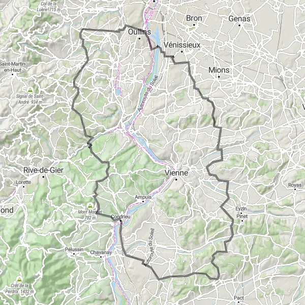 Miniaturní mapa "Náročná okružní silniční cyklistická trasa od Brindas (Rhône-Alpes, Francie)" inspirace pro cyklisty v oblasti Rhône-Alpes, France. Vytvořeno pomocí plánovače tras Tarmacs.app