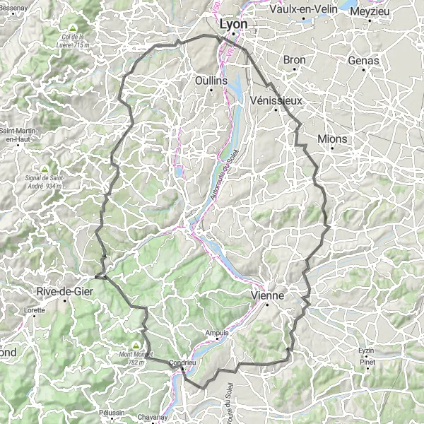 Map miniature of "Tour of Lyon and Beyond" cycling inspiration in Rhône-Alpes, France. Generated by Tarmacs.app cycling route planner