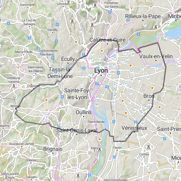 Mapa miniatúra "Craponne - Le Guillermy" cyklistická inšpirácia v Rhône-Alpes, France. Vygenerované cyklistickým plánovačom trás Tarmacs.app