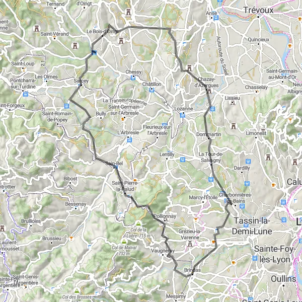 Miniature de la carte de l'inspiration cycliste "Les Monts du Lyonnais en Boucle" dans la Rhône-Alpes, France. Générée par le planificateur d'itinéraire cycliste Tarmacs.app