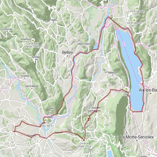 Miniaturní mapa "Gravelová cyklotrasa kolem Bourdeau" inspirace pro cyklisty v oblasti Rhône-Alpes, France. Vytvořeno pomocí plánovače tras Tarmacs.app