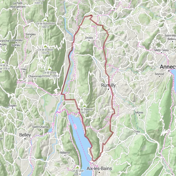 Miniatura della mappa di ispirazione al ciclismo "Tour del Vions e dei dintorni" nella regione di Rhône-Alpes, France. Generata da Tarmacs.app, pianificatore di rotte ciclistiche
