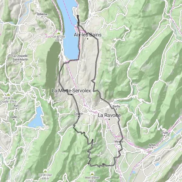 Miniatura della mappa di ispirazione al ciclismo "Percorso ciclabile verso Aix-les-Bains" nella regione di Rhône-Alpes, France. Generata da Tarmacs.app, pianificatore di rotte ciclistiche