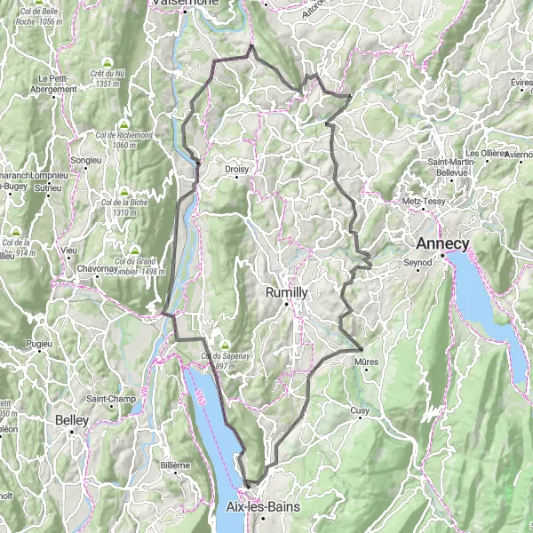 Miniature de la carte de l'inspiration cycliste "Balade dans les Paysages de l'Ain" dans la Rhône-Alpes, France. Générée par le planificateur d'itinéraire cycliste Tarmacs.app