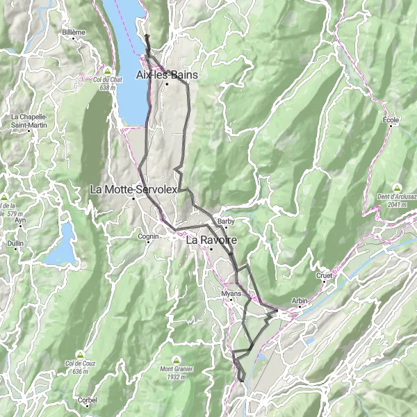 Kartminiatyr av "Utforsk Aix-les-Bains og omegn på sykkel" sykkelinspirasjon i Rhône-Alpes, France. Generert av Tarmacs.app sykkelrutoplanlegger
