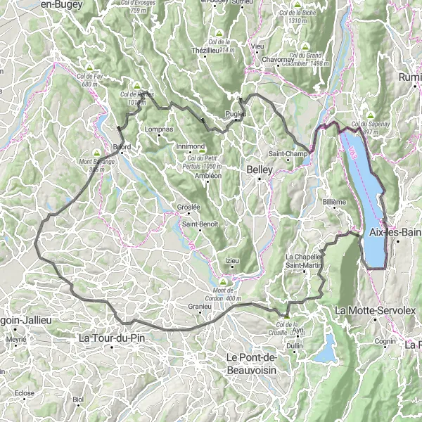 Miniature de la carte de l'inspiration cycliste "Tour des Vallées et Collines" dans la Rhône-Alpes, France. Générée par le planificateur d'itinéraire cycliste Tarmacs.app